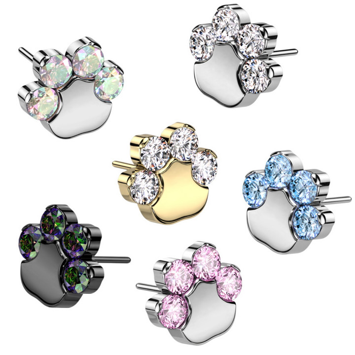 Jeweled Paw Print Push-in Titanium Top (Use with Threadless Posts)