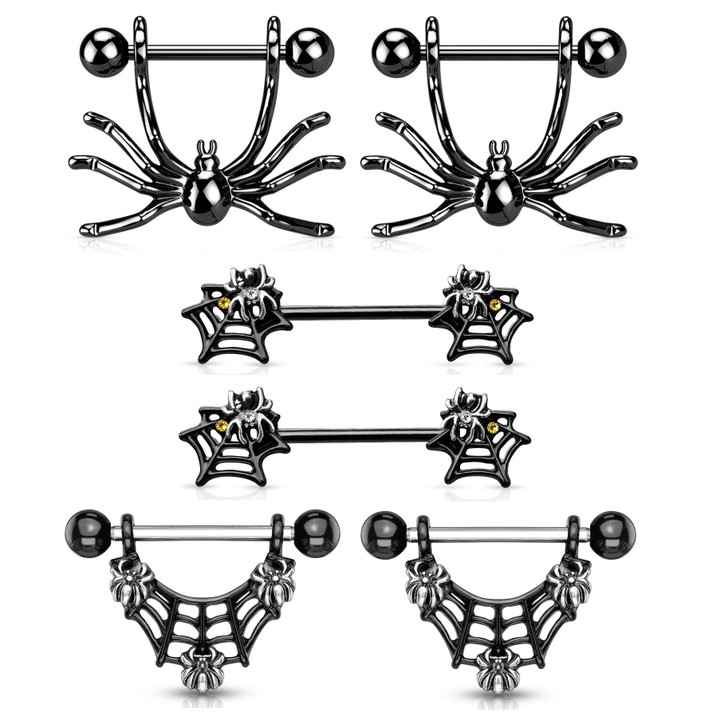 3 Pairs Gothic Halloween Spider Designs Surgical Steel Nipple Rings
