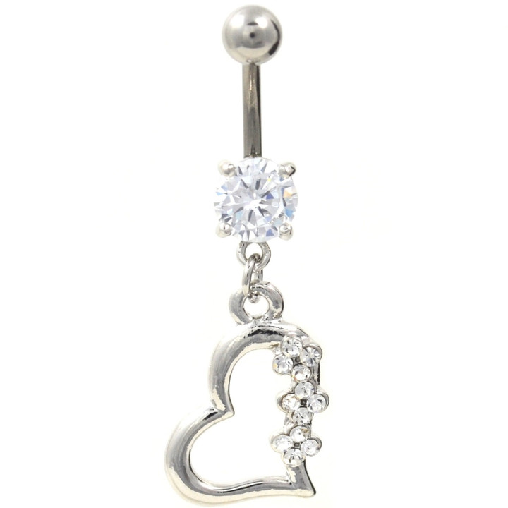 Clear Gem Heart Dangle Titanium Bar Belly Ring