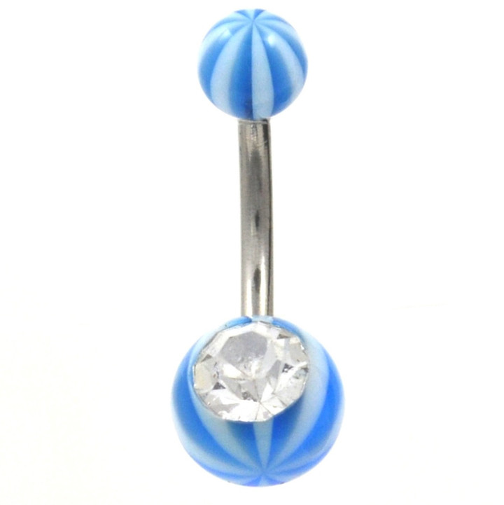 Light Blue Candy Striped Ball Clear Gem Belly Ring