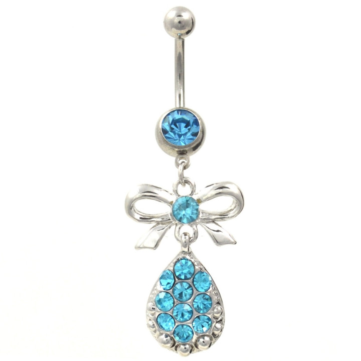 Bow Tie & Gem Paved Aqua Teardrop Belly Ring Bow Tie & Gem Paved Aqua Teardrop Belly Ring