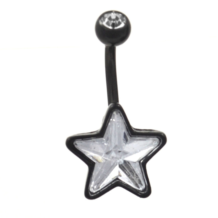 Black Titanium Belly Ring w/Clear Crystal Star