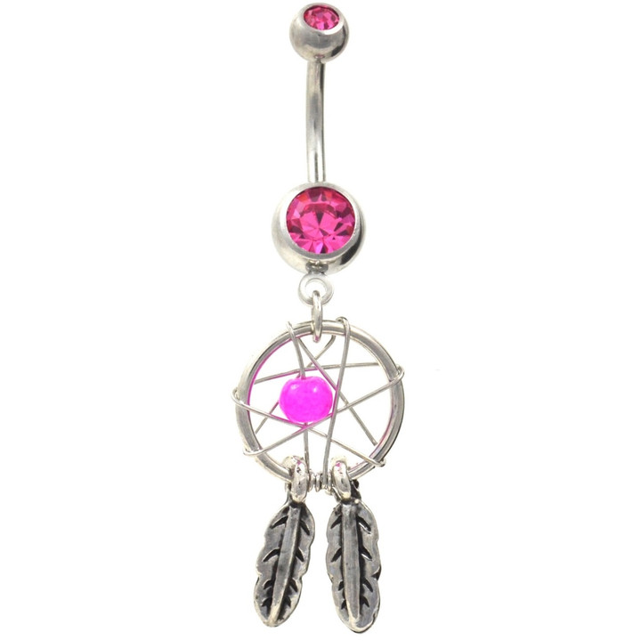 Dream Catcher Web & Feathers Pink Belly Ring