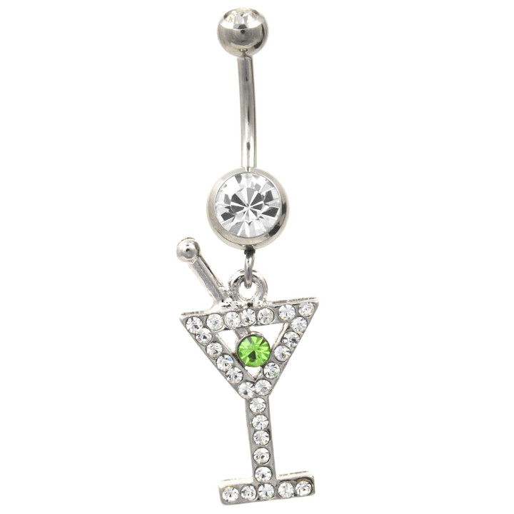 Paved Martini Glass Clear & Green Gems Belly Ring