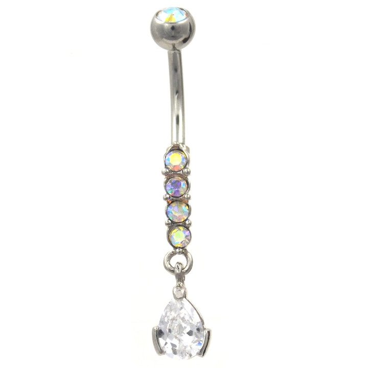 4-Gem AB Bar and Tear Drop Dangle Belly Ring