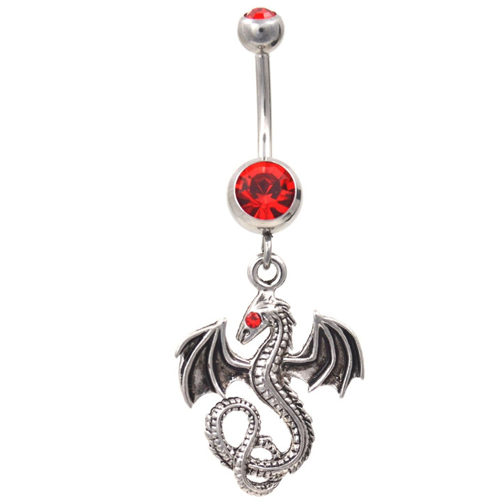 Winged Dragon Steel Belly Ring w/Red Gems