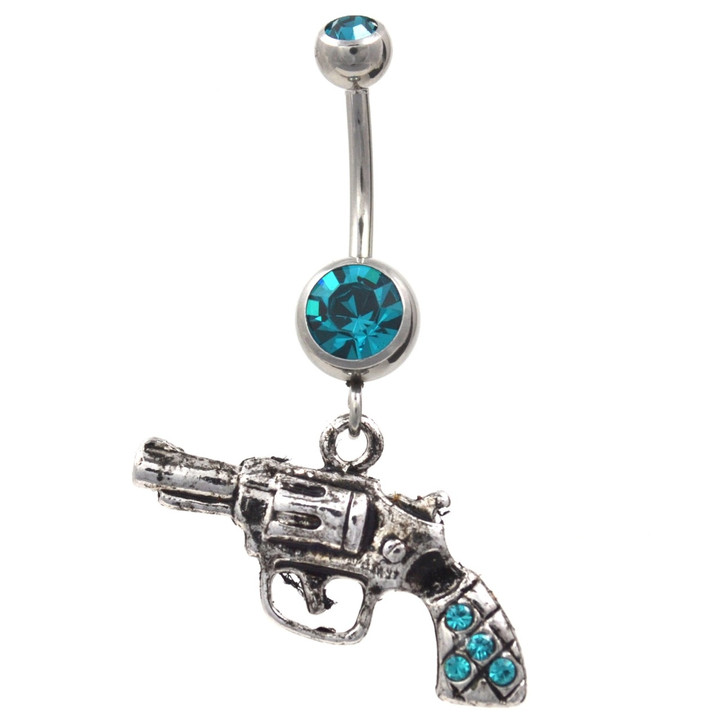 Steel Revolver Gun Dangle Belly Ring w/Teal Gems Steel Revolver Gun Dangle Belly Ring w/Teal Gems