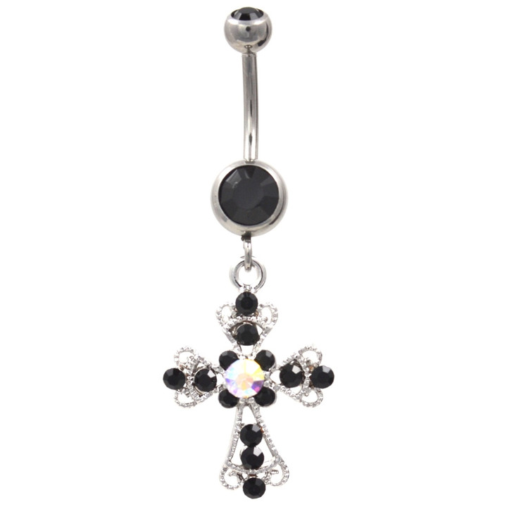 Fancy Cross Circular Gems Belly Ring (Black & AB) | BodyDazz.com