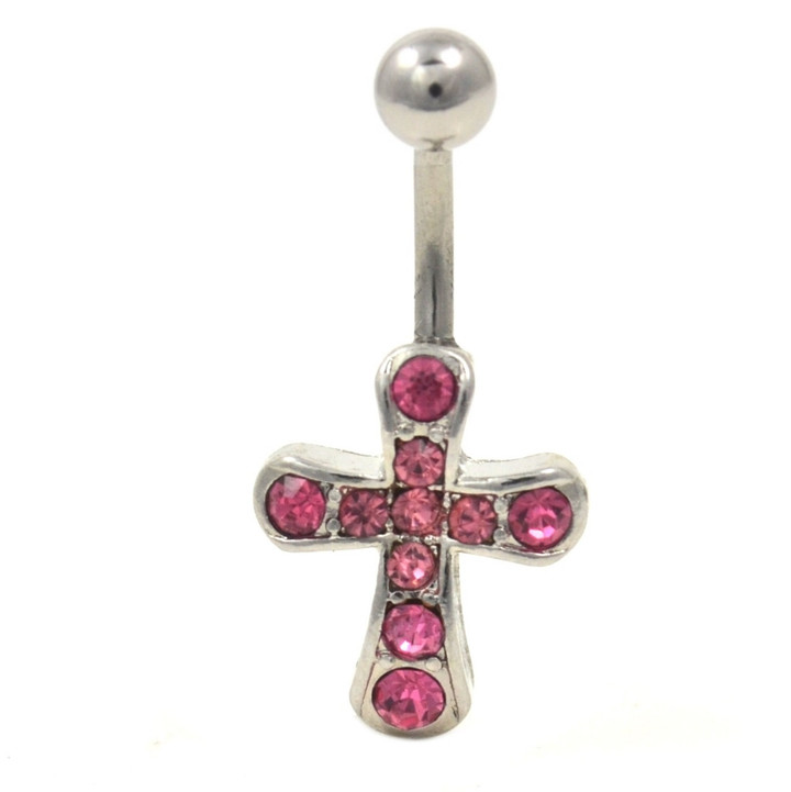 Flashy Pink Gem Paved Cross Belly Ring