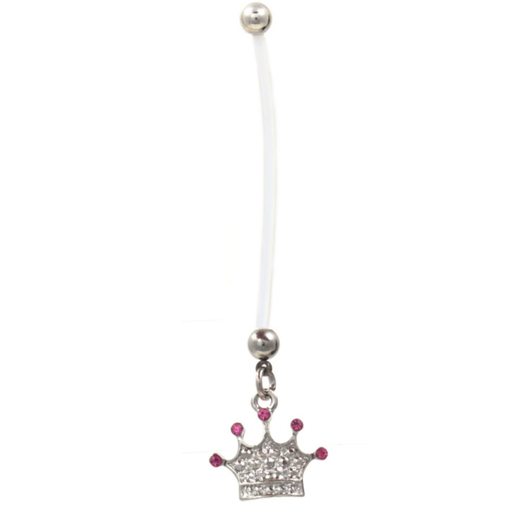 Pink Gem Crown Flexible Maternity Belly Ring 2" Long