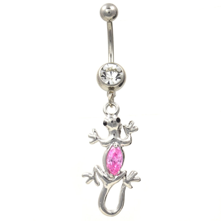 Pink Jumping Lizard Steel Dangle Belly Ring