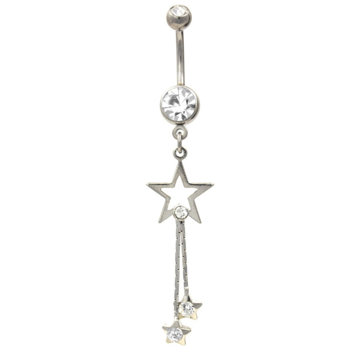 Three Stars Dangle Chains Belly Ring w/Clear Gems