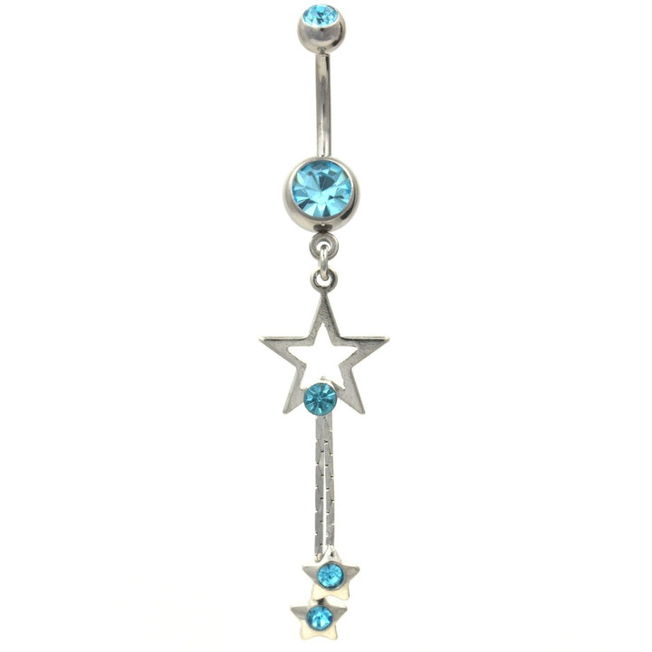 Three Stars Dangle Chains Belly Ring w/Aqua Gems