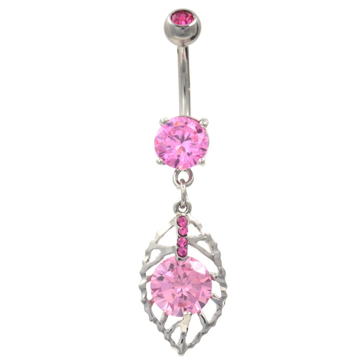 Pink Gem Adorned Dangling Leaf Belly Ring