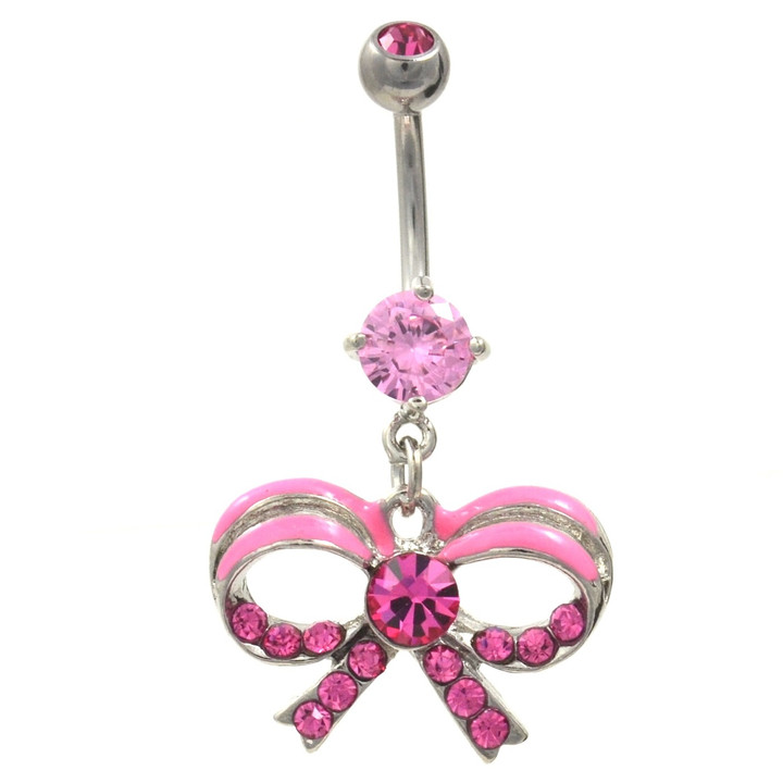 Pink Gem Encrusted Bow Tie Dangle Belly Ring Pink Gem Encrusted Bow Tie Dangle Belly Ring