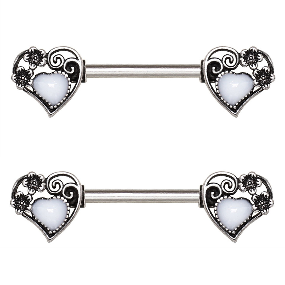 PAIR Floral Steampunk Hearts Steel Nipple Rings