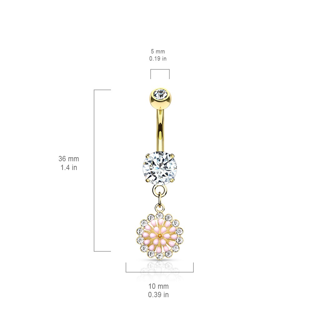 Pink Enamel Cluster Flower Dangle Steel Belly Ring | BodyDazz.com