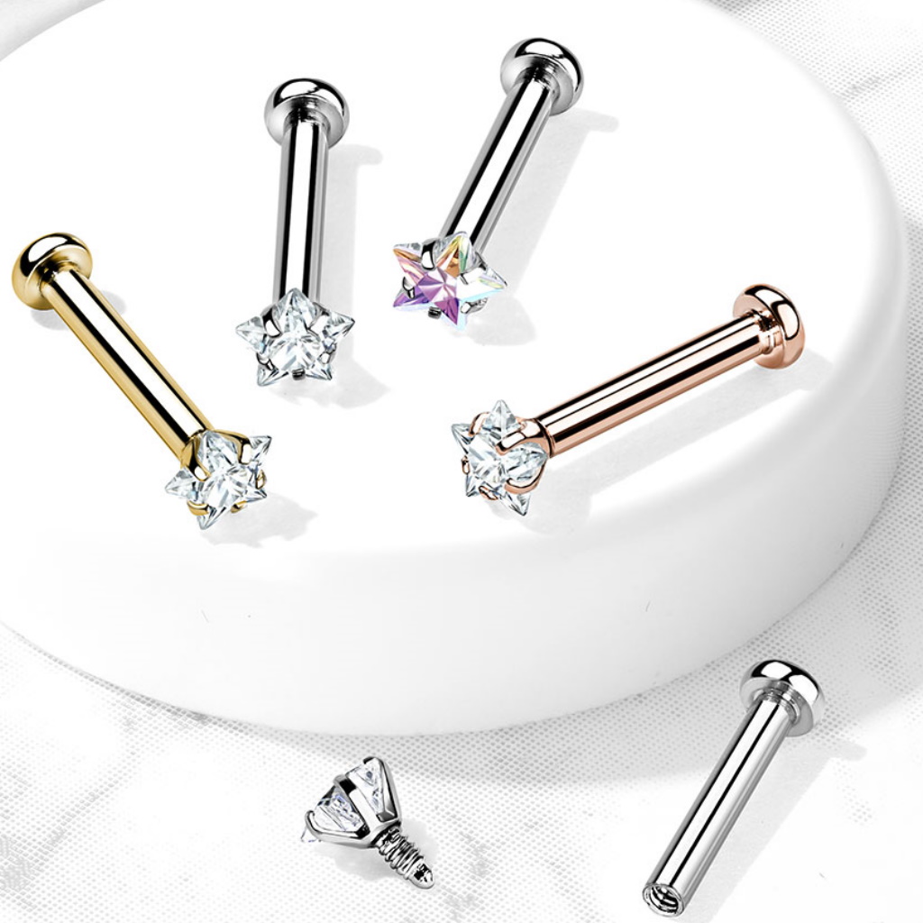 Press Fit Gem Internally Threaded Labret Stud – 16g (1.2mm) X 6mm – Surgical Steel & Cubic Zirconia