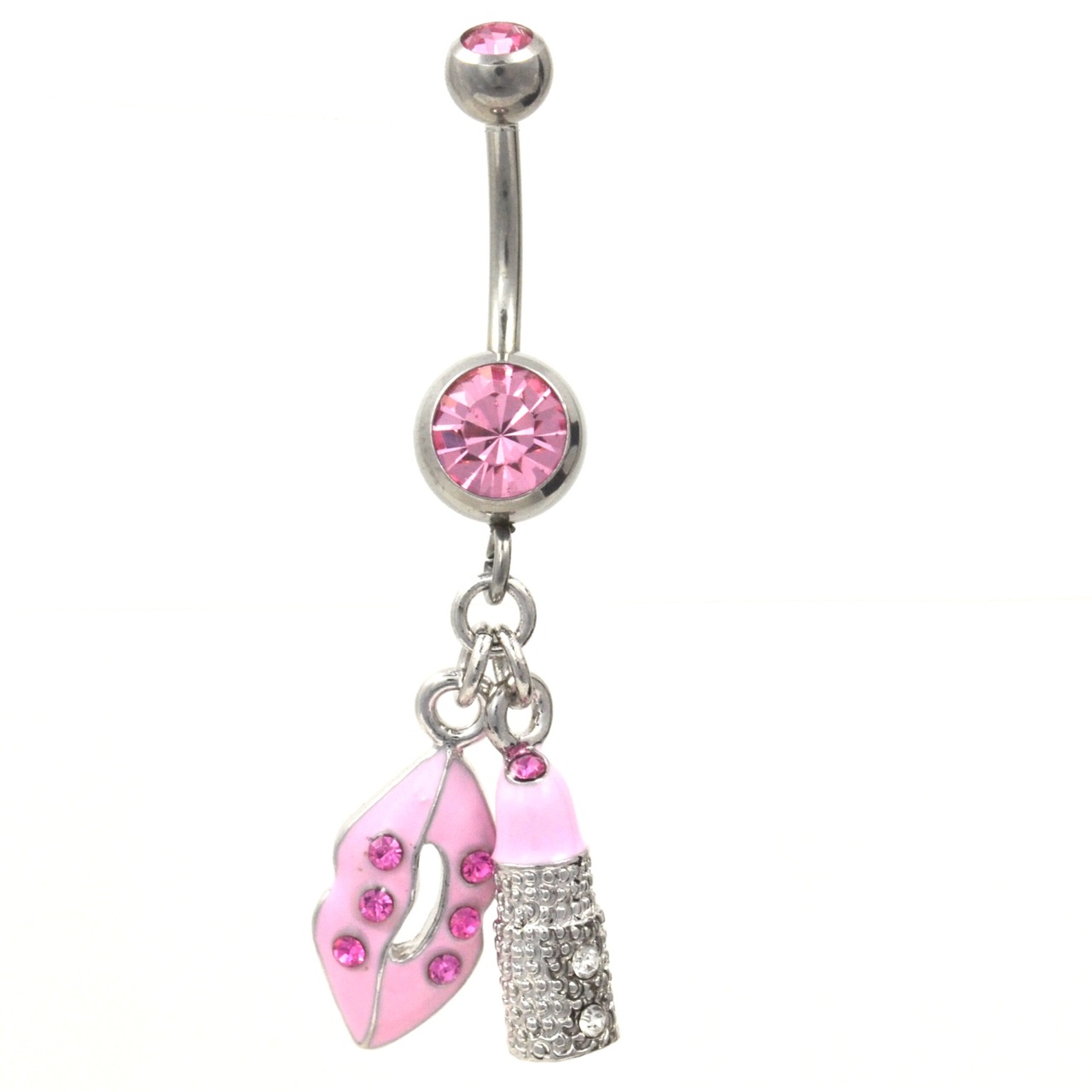 Pink Puckered Lips & Lipstick Dangle Belly Ring | BodyDazz.com