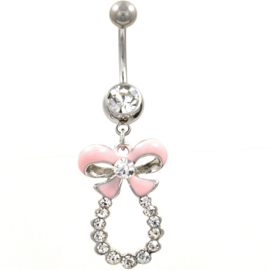 Pink Bow Tie & Clear Gem Loop Belly Button Ring | BodyDazz.com