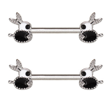 PAIR - Black & White Bunny Steel Nipple Ring Barbells | BodyDazz.com