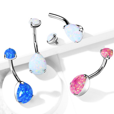 Rose Gold IP Steel Navel Ring – Teardrop Opal Glitter Gem – 14g Surgical Steel Belly Button Ring