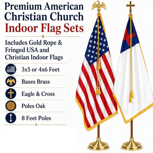 Deluxe US and Christian Indoor Flag Pole Sets