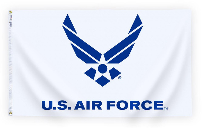 US Air Force Wings 3' x 5' Nylon Flag White/Blue, large US Air Force emblem with wings and star in blue on white background, suitable for display or outdoor use.
