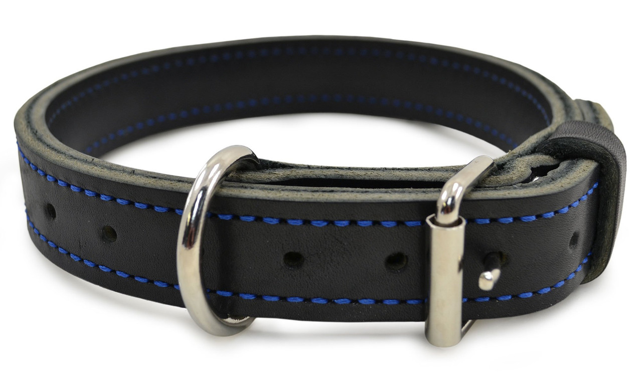 Gray Dog Collar with Navy Leather + Blue Stitching