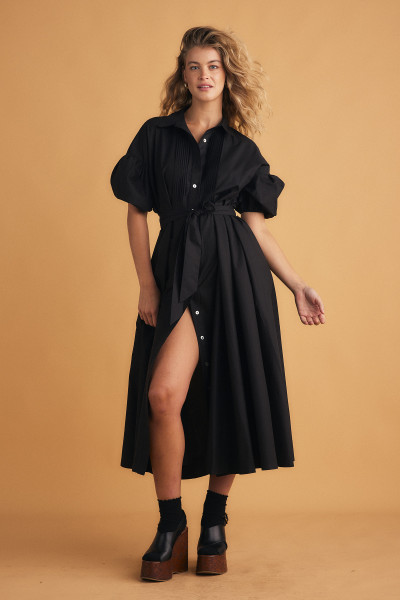 Black midi sundress with puff sleeves