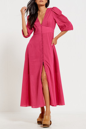 V Neck Button Front Maxi Dress in Fuchsia OUTLET Bohemian Traders