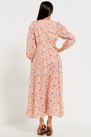 V Neck Button Front Maxi Dress in Pink Ditsy Floral OUTLET Bohemian