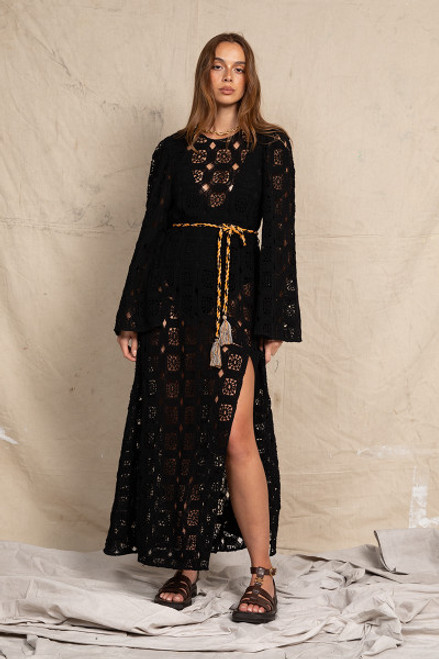 Crochet Flared Sleeve Maxi Dress in Black