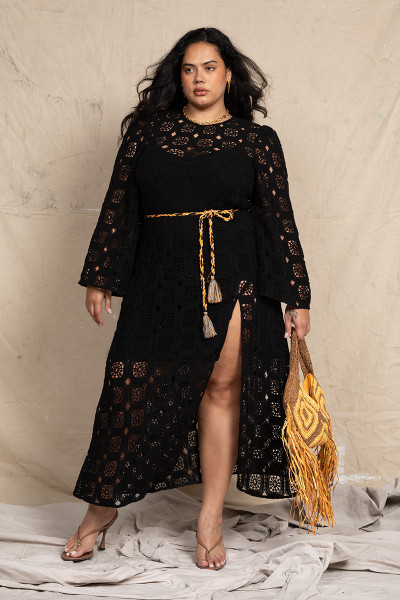 black flare sleeve maxi dress Bell Sleeve Fit and Flare Crewneck Long Dress Navy main image 0