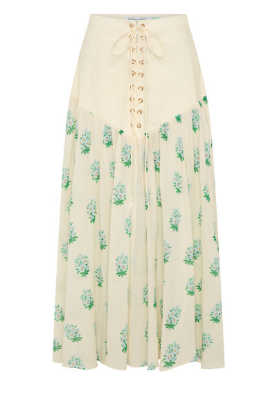 Lace-Up Yoke Midi Skirt in Cream