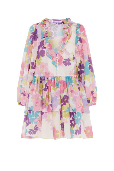 Parker Frill Neck Mini Dress in Cream Floral
