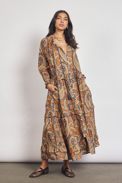 Paisley Ruffle Neck Maxi in Navy