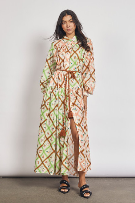 Tartan Billow Sleeve Maxi in Cream Check