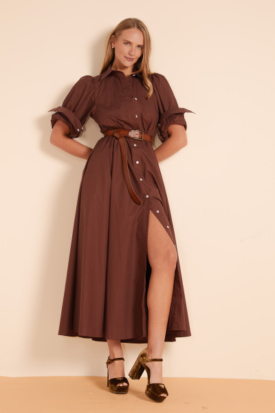 Baloon Sleeve Shirt Dress in Chestnut