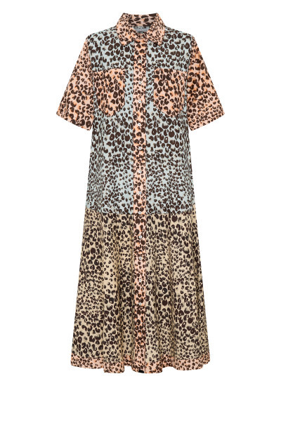 LEOPARD SPLICED DROP WAIST SHIRT DRESS IN LEOPARD