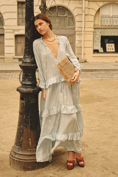 Dott Ruffle Neck Maxi in Light Blue