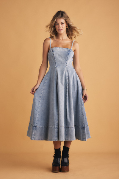 kylie denim dress Kylie Flared Denim Dress in Ice Blue