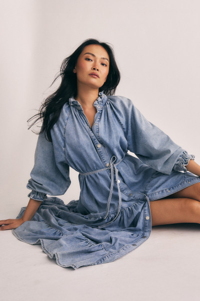 Light Denim Ruffle Maxi in Ice Blue