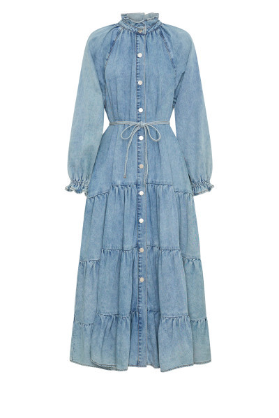 Light Denim Ruffle Maxi in Ice Blue