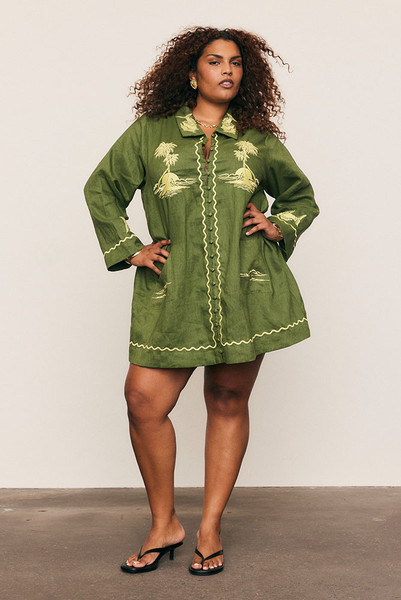 Linen Embroidered Shirt Dress - Jungle Green - Bohemian Traders