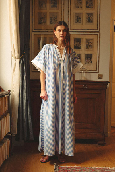 Maxi Smock Dress in Blue and White Stripe