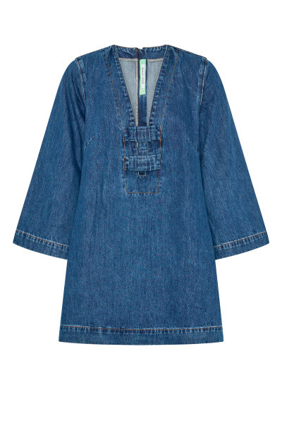 DENIM SHIFT MINI DRESS IN MID BLUE