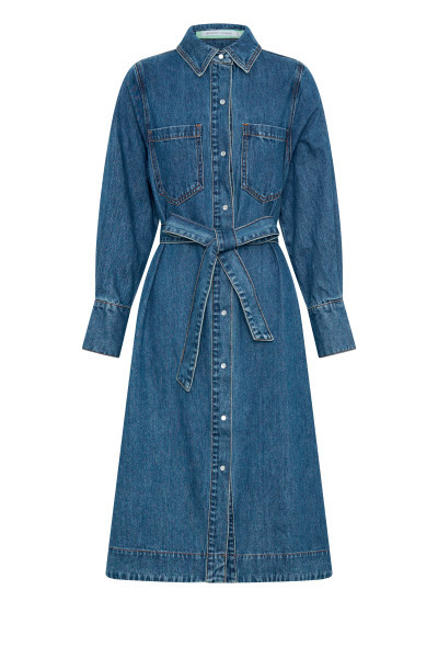 Denim Midi Shirt Dress in Mid Blue