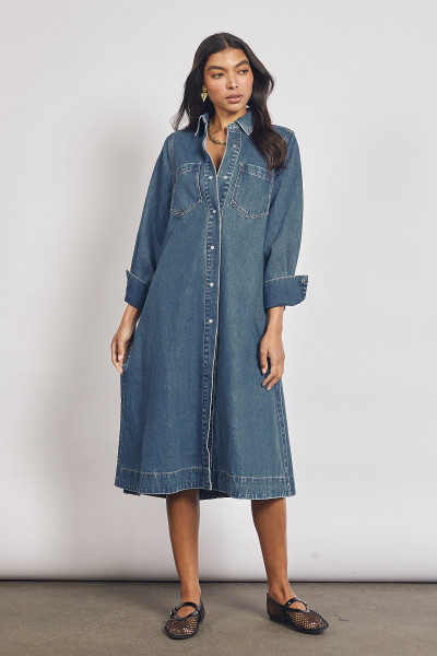 Denim Midi Shirt Dress in Mid Blue