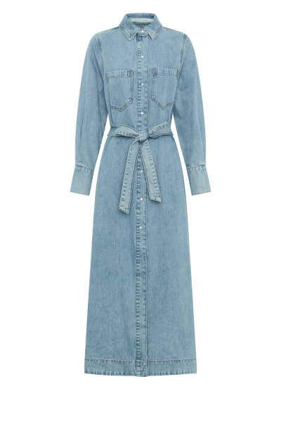 Denim Maxi Shirt Dress in Ice Blue